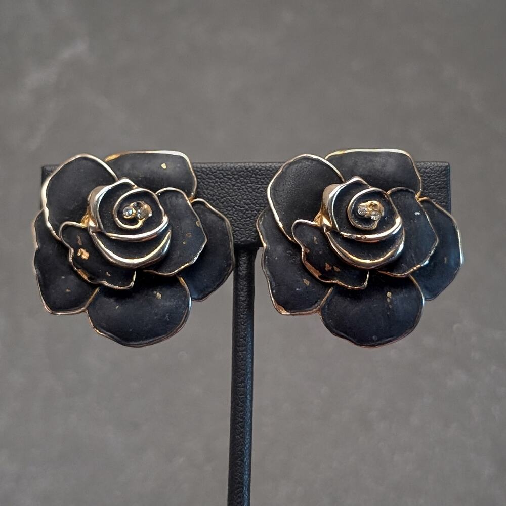 Vintage Clip On Earrings Very Large Matte Black Flower - Fair Condition